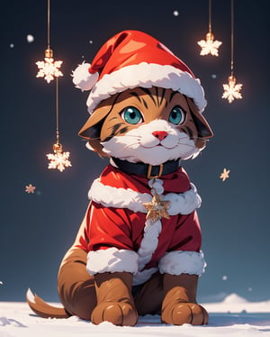 1cat, kitten, animal, chibi, no humans, solo, snowy forest, snow flake lights, santa costume, red costume, christmas accessories,Animal,High detailed ,Animal Photography,Wild Life, sitting straight, 4k, hdr, high_resolution, highly detailed body, masterpiece, fresh,Realistic,Raw photo,3DMM