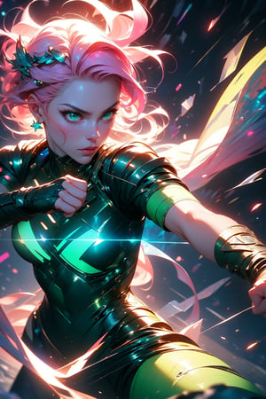 ((green theme)), bare handed warrior woman, fist fighting stance, beautiful, androgynous face, strong face, no weapons, space battle, dimension shattering sky, full body, short hair, pink sparkly hair, muscles, glowing