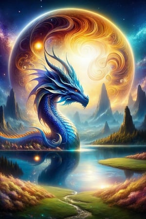 draco_fantasy, (mystic dragon:1.5), (sky), cosmic background, fantasy, stands in a mystical landscape under a celestial sky