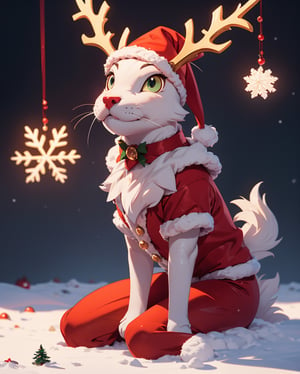 1cat, kitten, animal, no humans, solo, snowy forest, snow flake lights, santa costume, red costume, christmas accessories, reindeer horns,Animal,High detailed ,Animal Photography,Wild Life, sitting straight, 4k, hdr, high_resolution, highly detailed body, masterpiece, fresh,Realistic,Raw photo,3DMM