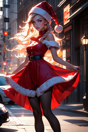 Ultra-realistic capture, Highly detailed,. Skin texture must be natural,Take a photo wearing a Santa Claus costume,Red dress and hat, wearing red dress,Upper arms exposed, full body