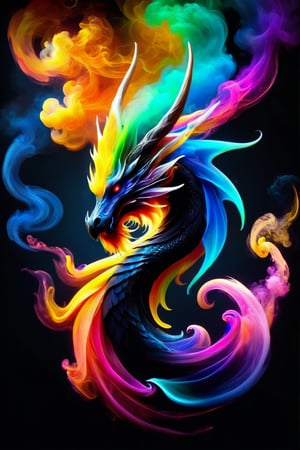 draco_fantasy, swirling dragon, black background, wavy, vibrant colours, simple background, (Mysterious and magical), colourful smoke and clouds