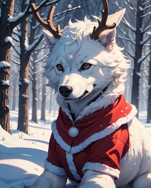 1dog, husky, animal, no humans, solo, snowy forest, snow flake lights, santa costume, red costume, christmas accessories, reindeer horns,Animal,High detailed ,Animal Photography,Wild Life, sitting straight, 4k, hdr, high_resolution, highly detailed body, masterpiece, fresh,Realistic,Raw photo