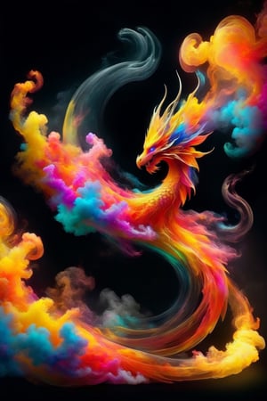 draco_fantasy, swirling dragon, black background, wavy, vibrant colours, simple background, (Mysterious and magical), colourful smoke and clouds