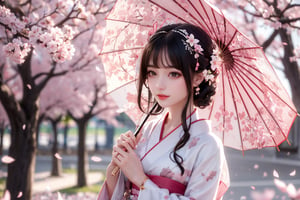 a serene and enchanting scene of a girl holding a paper umbrella beneath a canopy of sakura trees in full bloom. It's springtime, and the cherry blossoms are delicately drifting in the air, with sakura leaves fluttering in the background, The girl stands beneath the blossoms, her eyes filled with wonder as she gazes towards the sky, lost in thought. She holds the paper umbrella gracefully, adding to the picturesque charm of the scene, Dressed in a beautiful white yukata adorned with touches of blue, she embodies the elegance and grace of Japanese culture and style. The colors of her attire harmonize with the soft hues of the cherry blossoms, creating a captivating visual composition,1 girl,More Detail,perfect light