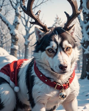 1dog, husky, animal, no humans, solo, snowy forest, snow flake lights, santa costume, red costume, christmas accessories, reindeer horns,Animal,High detailed ,Animal Photography,Wild Life, sitting straight, 4k, hdr, high_resolution, highly detailed body, masterpiece, fresh