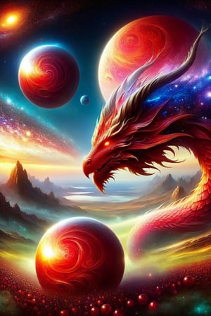 draco_fantasy, (mystic dragon:1.5), red dragon, orbs, (sky), cosmic background, fantasy, stands in a mystical landscape under a celestial sky