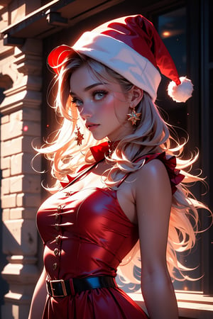 Ultra-realistic capture, Highly detailed,. Skin texture must be natural,Take a photo wearing a Santa Claus costume,Red dress and hat, wearing red dress,Upper arms exposed