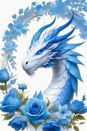  draco_fantasy, blue eyes, white dragon, blue flowers, rose, A dragon adorned with blossoming blue flowers, simple background, white background, symbolizing a blend of power and elegance