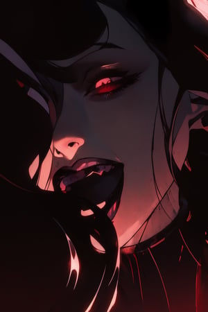 bznoir, 1girl, solo, long hair, looking at viewer, (open mouth), crazy smile, black hair, teeth, pink eyes, lips, makeup, fangs, lipstick, portrait, red lips