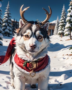 1dog, husky, animal, no humans, solo, snowy forest, snow flake lights, santa costume, red costume, christmas accessories, reindeer horns,Animal,High detailed ,Animal Photography