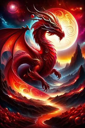 draco_fantasy, (mystic dragon:1.5), red dragon, orbs, (sky), cosmic background, fantasy, stands in a mystical landscape under a celestial sky