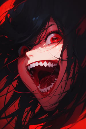 bznoir, 1girl, solo, long hair, looking at viewer, smile, open mouth, black hair, red eyes, teeth, glowing, sharp teeth, portrait, red background, red theme, crazy eyes, crazy smile