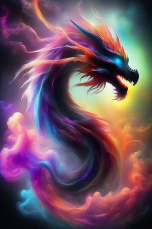 draco_fantasy, swirling dragon, black background, wavy, vibrant colours, simple background, (Mysterious and magical), colourful smoke and clouds
