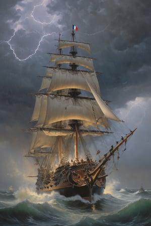 detailed full-length picture, masterpiece, best quality, ultra high resolution, visually stunning, beautiful, award-winning art, The "Queen Anne's Revenge", a massive French warship  sails through a storm on a rainy evening, , sharp focus, studio photo, intricate details, highly detailed, by greg rutkowski, more detail XL, hyper detailed, realistic, oil painting, by julie bell, frank frazetta, cinematic lighting