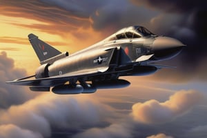 a McDonnell Douglas F-4 Phantom II coming out of the clouds, dark and foreboding, Dusk and dynamic lighting.  in the style of  "Barry F Clark", EpicSky