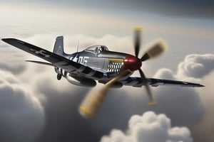 a North American P-51 Mustang coming out of the clouds, dark and foreboding, flak explosions in the background.  in the style of  "Barry F Clark"