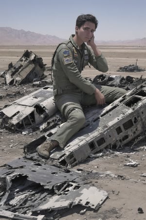 masterpiece,  photo-realistic,  full body, ((A young American Pilot from the War in Afghanistan)), ((Sitting, with his and looking at the wreckage of his crashed jet fighter)), burning aircraft wreckage, sad face , in the mountains of Afghanistan, (masterpiece, photorealistic, absurd),