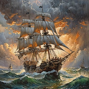 detailed full-length picture, masterpiece, best quality, ultra high resolution, visually stunning, beautiful, award-winning art (abstract art: 1.3), beautiful ))), oil painting ,2 pirate galleosn sails through a storm on a rainy evening, Watercolor, trending on artstation, sharp focus, studio photo, intricate details, highly detailed, by greg rutkowski, more detail XL, hyper detailed, realistic, oil painting, by julie bell, frank frazetta, cinematic lighting