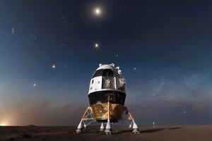 The Apollo 11 capsule alone,  with the moon in the distance with a bright milkyway in the background