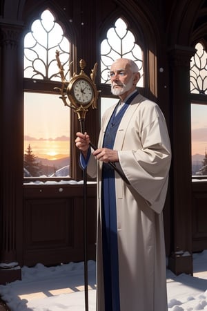 An old man wearing long robes holding a staff stands next to a grandfather_clock, inside a castle hall, through great windows you can see enchanting trees with snow-laden branches, sunset, ,photorealistic