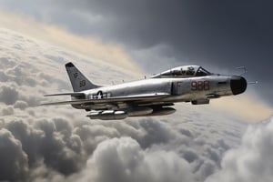 a North American F-86 Sabre coming out of the clouds, dark and foreboding, flak explosions in the background.  in the style of  "Barry F Clark"