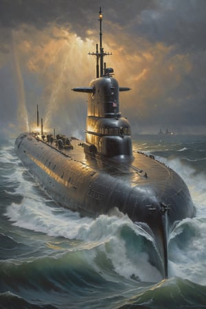 detailed full-length picture, masterpiece, best quality, ultra high resolution, visually stunning, beautiful, award-winning art, The Virginia-class submarine USS New Hampshire  sails through a storm on a rainy evening, , sharp focus, studio photo, intricate details, highly detailed, by greg rutkowski, more detail XL, hyper detailed, realistic, oil painting, by julie bell, frank frazetta, cinematic lighting