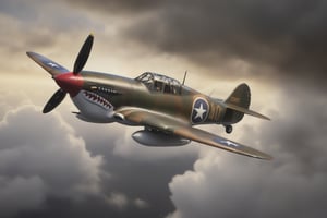 a Curtiss P-40 Warhawk coming out of the clouds, dark and foreboding, Dusk and dynamic lighting.  in the style of  "Barry F Clark", EpicSky