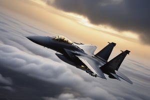 a McDonnell Douglas F-15 Eagle coming out of the clouds, dark and foreboding, Dusk and dynamic lighting.  in the style of  "Barry F Clark", EpicSky