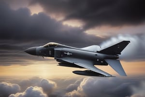 a McDonnell Douglas F-4 Phantom II coming out of the clouds, dark and foreboding, Dusk and dynamic lighting.  in the style of  "Barry F Clark", EpicSky