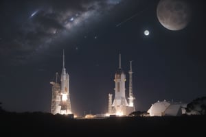 The Apollo 11 capsule in space,  the moon in the distance,  a bright milkyway in the background