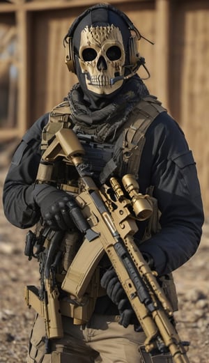 Iboy, Modern Warfare style military gear, skull mask, golding the CheyTac M200 sniper rifle, detailed background,Warfare scenery, detal:1.5,realistic:1.5, full_body view.

detailmaster2,CheyTac M200,Leonardo style,MW, cinematic moviemaker style