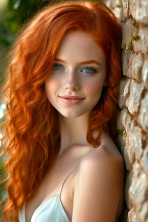 Soft focus captures the radiant beauty of a half-body portrait of a stunning red-haired girl, her fiery locks cascading down one side of her face. Warm sunlight illuminates her porcelain skin, accentuating her delicate features and bright blue eyes. She gazes directly at the camera, a subtle smile playing on her lips as she leans against a weathered stone wall, lush greenery spilling from behind.realistic