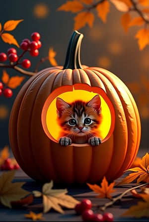 A warm autumnal light illuminates a intricately carved pumpkin, its ridges and grooves expertly crafted. As the camera zooms in, a tiny kitten's face peeks out from within the hollowed-out center, its whiskers twitching playfully. The surrounding foliage - rustling leaves, golden branches, and crimson berries - creates a vibrant backdrop, as if autumn itself has come alive within the pumpkin's cozy confines.