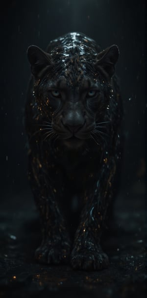 A majestic black leopard emerges from the void against a sleek black backdrop, as if conjured from the shadows. Its eyes gleam like polished obsidian, while its fur appears to absorb the light around it. The frame is tight, focusing attention on the predator's regal visage. A hint of subtle gradient in the background suggests an otherworldly ambiance, fitting for a creature that embodies mystery and power.