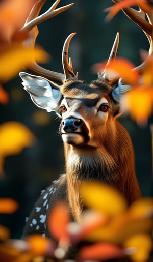 Low-angle close-up on a regal monster buck's majestic visage, situated amidst a kaleidoscope of fall foliage. Vibrant leaves blur in the background, adding depth and texture to the frame. Dramatic lighting, amplified by cinematic effects, casts long shadows across the buck's ridges, emphasizing its dominance. The N. American Whitetail Deer's imposing presence is palpable.