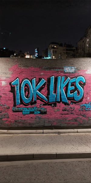 “Night photo of a wall in the city. On the wall  we see detailed graffiti, the graffiti text reads "10K LIKES".”,text say's