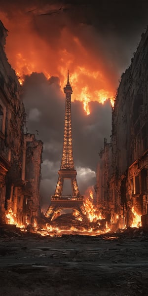 “A postapocaliptic street view of some ruins that appear to be the shattered remains of a part of the destroyed Eiffel Tower, ravaged by chaos and destruction, under a fiery red sky ablaze with flames, dark black clouds loom menacingly overhead, framing the ruinous scene.