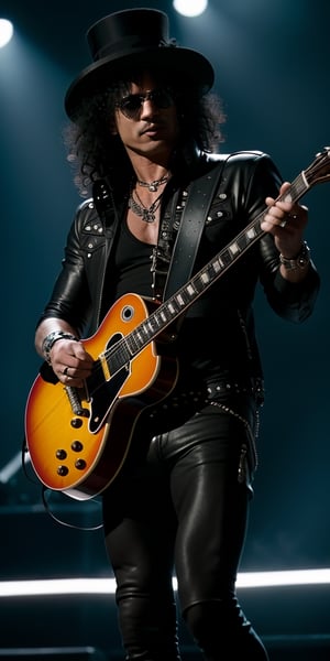 (Full shot), ((Slash  from Guns & Roses rock band 1985)),  (playin a guitar solo). Slash is wearing a black top hat and sunglasses, ((masterpiece)), (extremely detailed cg 8k wallpaper, bright colors, Dramatic light, photoreal, insanely detailed, intricate, highest quality), magical, shallow depth of field, photography, High detailed , EpicArt, ff14bg, (perfect design guitars), dynamic pose,valkyrie style