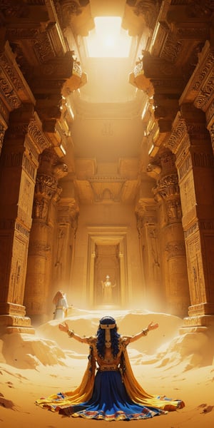 A majestic Egyptian palace backdrop sets the stage for an awe-inspiring scene: a resplendent princess, adorned in shimmering gold and lapis lazuli, lies prostrate on the golden sands, her face tilted upwards in reverence as she beholds the mighty pharaoh, king of Egypt, standing regally before her. The sun casts a warm glow, highlighting the intricate hieroglyphics adorning the palace walls, while the princess's flowing locks spill across the sand like a river of night., woman,realistic