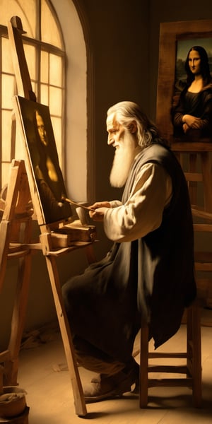 A realistic photograph of Leonardo da Vinci in his studio, crouched on a worn wooden stool, meticulously painting the enigmatic smile of the Mona Lisa. Soft golden light spills from the nearby window, casting a warm glow on the artist's hands as they delicately hold the brush. The subject's eyes are cast downward, focused on their craft, while the surrounding room is cluttered with half-finished sketches and scattered artistic tools.,oil painting