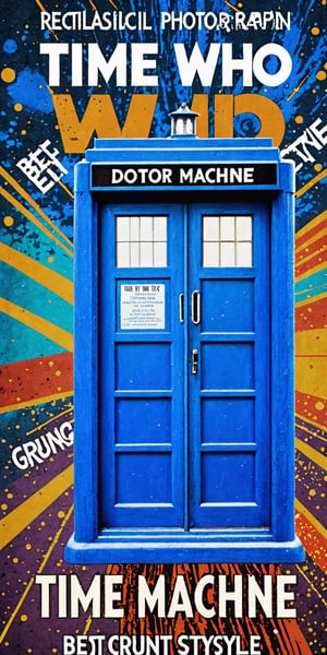 (hyperrealistic:1.4), (photorealistic:1.2), (perfect composition), (masterpiece). (High fashion photography), Hyper realistic image (Best quality, 8k, UHD Masterpiece:1.2), raw photograph, (Extremely detailed ultra high quality RAW, detailed background, intricate details, masterpiece,  IMAGE OF THE BLUE TARDIS FROM DOCTOR WHO TV SERIES (grunge style:1.8), (colorful and minimalistic:1.3), with the text "TIME MACHINE"