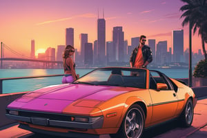 GTA (Grand Theft Auto) style image, a boy and a girl leaning on the hood of a sports car, with the background of a city inspired by Vice City, at sunset. (Trendy illustration, Perfect composition),  (Best quality, 8k, UHD Masterpiece:1.2), detailed background, intricate details,