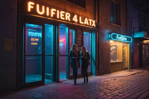 General shot of the door of the trendy nightclub in the city, after closing. The neon lights have gone out. The street is almost empty. Dawn begins to illuminate the streets. Two tired, disheveled girls in club clothes wait at the edge of the sidewalk for a taxi to arrive. ((ultra 4k, 8k, high quality,HDR, photo realistic, casual photo, photorealistic, 8k UHD, high quality, Film grain, Fujifilm XT3)), photo r3al,Landskaper,Text "FOREVER 42" text.