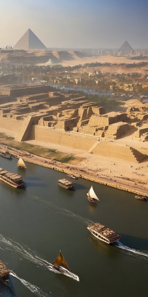 A majestic shot captures the bustling port on the River Nile as ancient pharaohs' reign begins. The newly constructed Great Pyramid of Giza, cloaked in gleaming white limestone slabs, majestically rises into the sky, its apex adorned with glittering gold. Vessels and boats navigate the river, while workers busily unload goods amidst the vibrant market scene. In the distance, the pyramid's grandeur dominates the horizon, a testament to human ingenuity and architectural mastery.,Egyptian mythology style