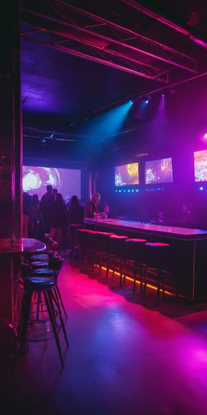 Interior of a large nightclub, shortly before closing. There are few people left on their dance floors. Few girls and boys at the tables, drinking the last drinks. The music is ending. The neon lights still illuminate the smoky environment, but now they seem cold. Gloomy atmosphere. Sharp focus, emitting diodes, smoke, artillery, sparks, racks, system unit, motherboard, atmospheric, haze, ultra-detailed,  light leaks, sharp focus, intricate details, highly detailed, multi color lights,  ((ultra 4k, 8k, high quality,HDR, photo realistic, casual photo, photorealistic, 8k UHD, high quality, Film grain, Fujifilm XT3)), (nsfw:1.9),photo r3al, (wallpaper), (cinematic lighting) ,