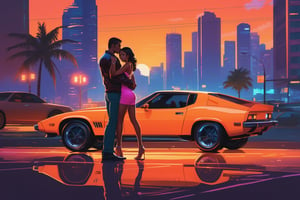 A sultry sunset in Vice City's neon-lit streets, with the boy and girl leaning on the hood of a sleek sports car. The warm orange hues cast long shadows across the bustling cityscape, as the dynamic duo poses confidently, arms wrapped around each other. The city's vibrant atmosphere is palpable, with towering skyscrapers, billboards, and neon lights reflecting off the wet pavement. In the distance, a helicopter whisks by, while pedestrians and traffic fill the streets. The car's gleaming finish and the pair's stylish attire radiate coolness, set against a backdrop of urban energy and excitement.