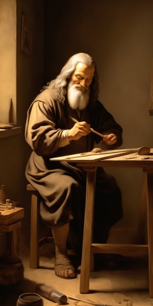 A realistic photograph of Leonardo da Vinci in his studio, crouched on a worn wooden stool, meticulously painting the enigmatic smile of the Mona Lisa. Soft golden light spills from the nearby window, casting a warm glow on the artist's hands as they delicately hold the brush. The subject's eyes are cast downward, focused on their craft, while the surrounding room is cluttered with half-finished sketches and scattered artistic tools.,oil painting