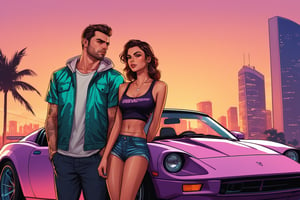 GTA (Grand Theft Auto) style image, a boy and a girl leaning on the hood of a sports car, with the background of a city inspired by Vice City, at sunset. (Trendy illustration, Perfect composition),  (Best quality, 8k, UHD Masterpiece:1.2), detailed background, intricate details,