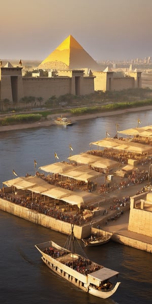 A majestic shot captures the bustling port on the River Nile as ancient pharaohs' reign begins. The newly constructed Great Pyramid of Giza, cloaked in gleaming white limestone slabs, majestically rises into the sky, its apex adorned with glittering gold. Vessels and boats navigate the river, while workers busily unload goods amidst the vibrant market scene. In the distance, the pyramid's grandeur dominates the horizon, a testament to human ingenuity and architectural mastery.,Egyptian mythology style